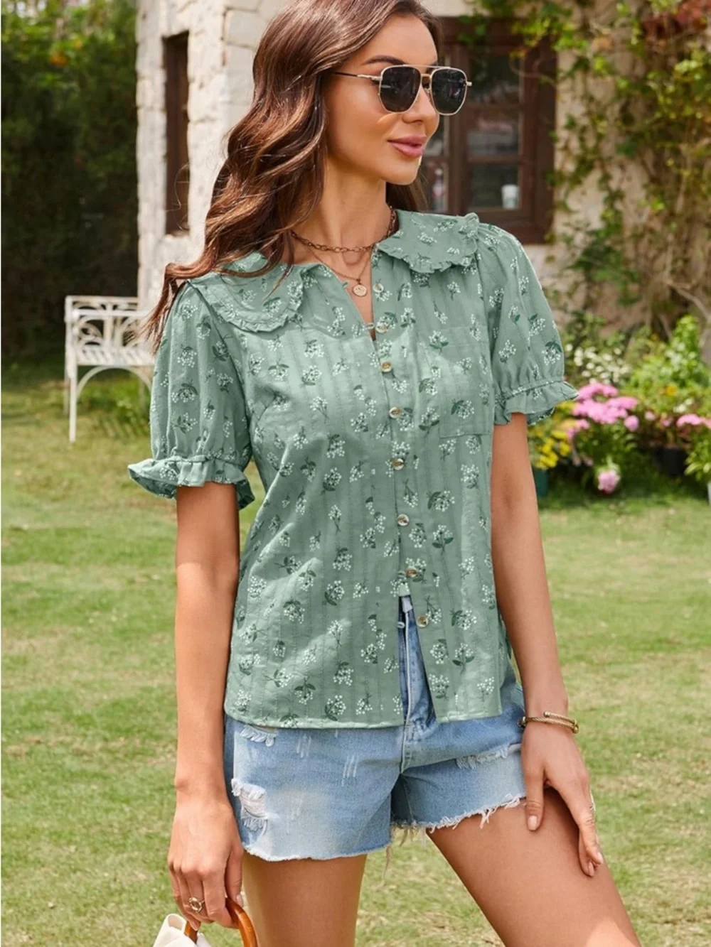 Ecowish Sage Green Floral Puff-Sleeve Button Front Blouse - Picture 13 of 16